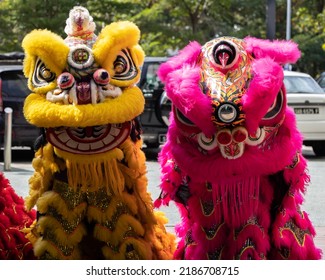 Kota Kinabalu, Sabah, Malaysia-Januray 23, 2022 : Traditional Colorful Chinese Lion Dance Ready For Performance At Kota Kinabalu,Sabah, Malaysia