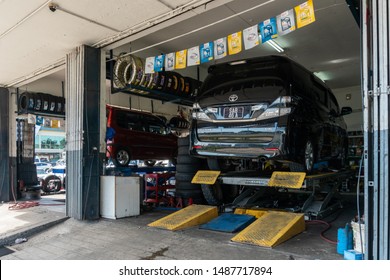 Kota Kinabalu, Sabah, Malaysia-March 25, 2019 : A Family Car At Car Workshop Doing A General Maintenance And General Service At Kota Kinabalu, Sabah, Malaysia 