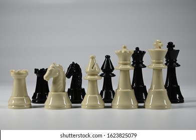 Kota Kinabalu,Sabah-Malaysia,January 12,2020.A line of chessmen of battling duo,black and white chess pieces.