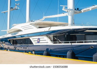 Kotka, Finland - 28 August 2019: Super luxury yacht Black Pearl moored in port of Kotka
