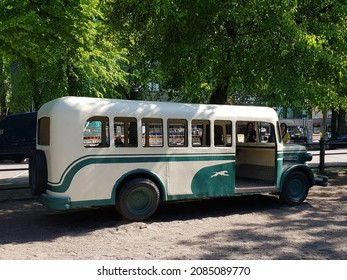 Kotka, Finland - June, 2016: An exhibit of an old bus in the city park. Retro bus.