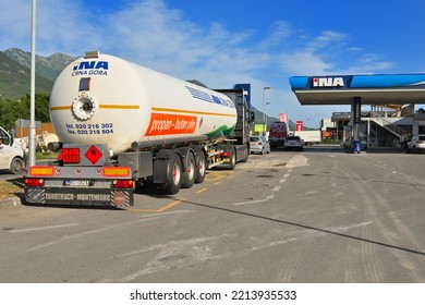 Kotor, Montenegro - June 6, 2022: Tanker Gas Truck At A Petrol Station In The City Of Kotor. Montenegro