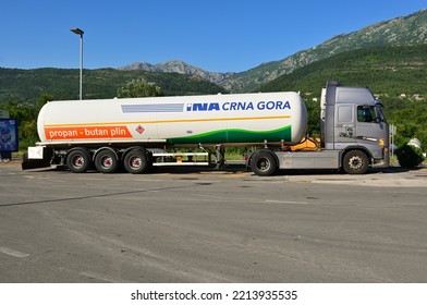 Kotor, Montenegro - June 6, 2022: Tanker Gas Truck At A Petrol Station In The City Of Kotor. Montenegro