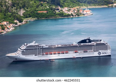 KOTOR, MONTENEGRO-CIRCA JUN, 2016: Large White Cruiseferry Of MSC Cruises Swiss-registered Company Is On The Kotor Bay. The MSC Orchestra Cruise Ship.