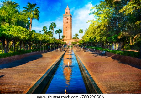 Koutoubia Mosque minaret at medina quarter of Marrakesh, Morocco Stock foto © 