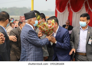 Kp Sharma Oli Prime Minister Of Nepal Taking Flower By Public At Jhapa, Nepal - 28 February 2021