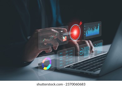 KPI to analyze performance and create insight reports for operations management. Businessman works on laptop Showing business analytics dashboard with charts, metrics, AI and Data analysis concept