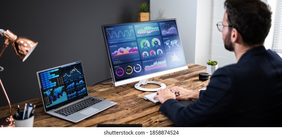 KPI Business Analytics Data Dashboard. Analyst Using Computer