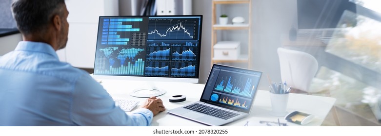 KPI Business Analytics Data Dashboard. Analyst Using Computer