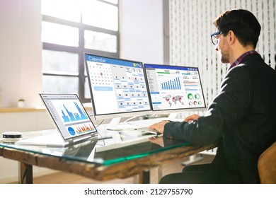 KPI Business Analytics Data Dashboard. Analyst Using Computer