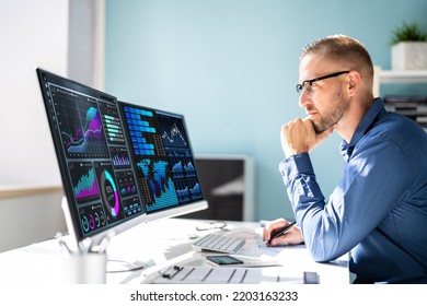 KPI Business Analytics Data Dashboard. Analyst Using Computer