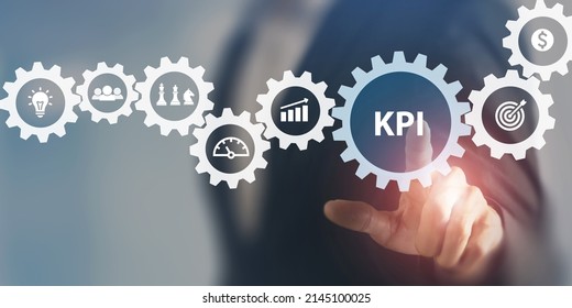 KPI concept. Key Performance Indicator using business intelligence metrics to measure achievement versus planned target. Touching on  "KPI" abbreviation surrounded by business goals an process icons.