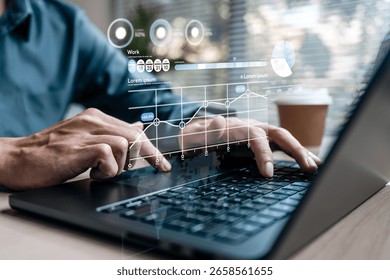 KPI data analytics concept, Key performance indicator analysis system. Information technology digital software management. Visualization tech solution. Business artificial intelligence. AI dashboard