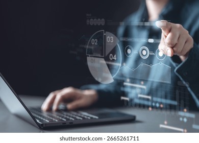 KPI data analytics concept, Key performance indicator analysis system. Information technology digital software management. Visualization tech solution. Business artificial intelligence. AI dashboard.