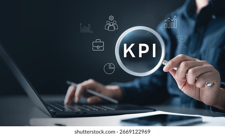 KPI data analytics concept, Key performance indicator analysis system. Information technology digital software management. Visualization tech solution. Business artificial intelligence. AI dashboard.