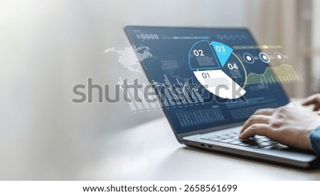 KPI data analytics concept, Key performance indicator analysis system. Information technology digital software management. Visualization tech solution. Business artificial intelligence. AI dashboard