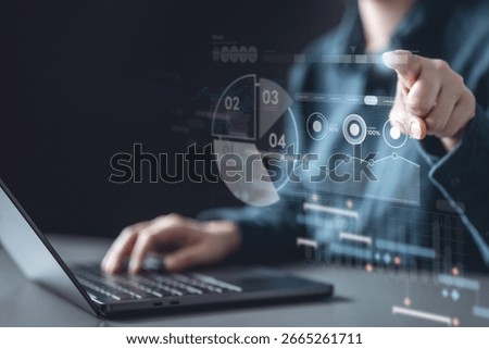 KPI data analytics concept, Key performance indicator analysis system. Information technology digital software management. Visualization tech solution. Business artificial intelligence. AI dashboard.