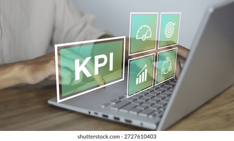 KPI (Key Performance Indicator) concept shown on a digital dashboard interface above a laptop keyboard with a person typing. This high-quality conceptual image represents business performance tracking, data analytics, and strategic management. The visualization includes icons for growth charts, target goals, speedometers for efficiency, and financial cycles. It is perfect for business presentations, financial reports, marketing strategy articles, and corporate technology themes focusing on progress measurement and success optimization in the modern workspace - Powered by Shutterstock - Get 15% off with code: PIKWIZARD15