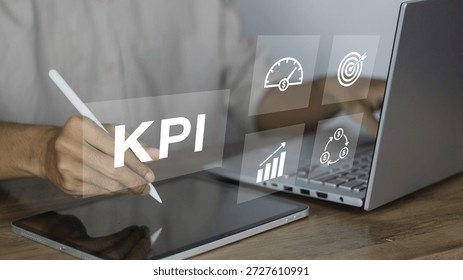 KPI (Key Performance Indicator) concept shown through a professional businessman using a digital tablet and laptop to analyze financial growth and corporate performance metrics. This high-quality image features overlay icons representing data visualization, including a speedometer for efficiency, a target for goals, a bar chart for growth, and a currency cycle for ROI. The scene depicts a modern workspace where data-driven decisions are made using advanced technology, making it ideal for business strategy, financial planning, and digital transformation marketing materials - Powered by Shutterstock - Get 15% off with code: PIKWIZARD15