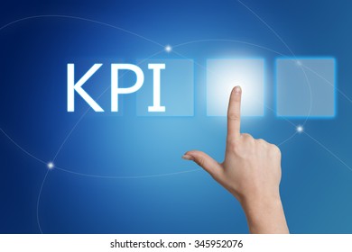 KPI - Key Performance Indicator- hand pressing button on interface with blue background.