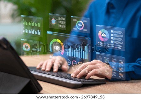 KPI, PDCA, Action Plan, To do list Concept, Businesswoman Analyzing Graphs Strategic Plan, Performance Metrics, Continuous Improvement, Business Workflow, Efficiency Management,Goal Setting,Evaluation