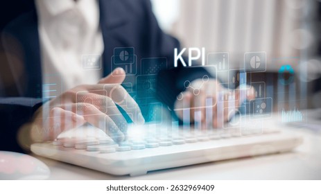 KPI performance dashboard on digital interface with business data metrics and analytics. Manager typing on keyboard to monitor key indicators, tracking growth, goals, and productivity in real-time. - Powered by Shutterstock - Get 15% off with code: PIKWIZARD15