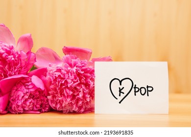 Kpop - Korean Pop Music Concept, Card With Lettering And Heart And Peony Flowers Bouquet