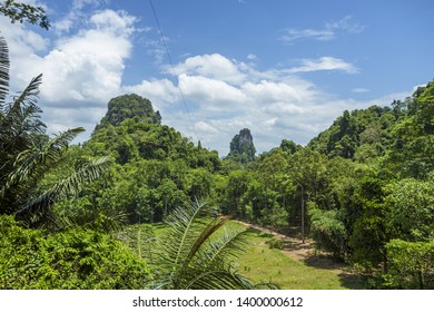 Krabi Town Thailand Drone Aerial Ariel View Of Pak Nam Krabi And Andaman Sea Panoramic Panorama Copy Space No People Mountains Limestone