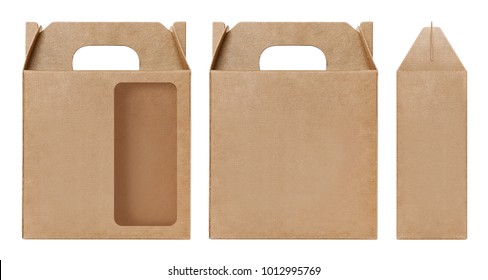 Kraft Brown Box Window Square Shape Cut Out Packaging Template, Empty Kraft Box Cardboard White Background, Boxes Paper Kraft Natural Material, Gift Box Brown Paper From Industrial Packaging Carton