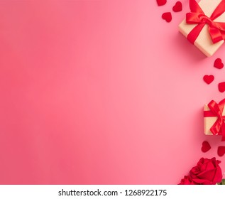 Kraft Gift box with beautiful red ribbon and rose, concept of Valentine's, anniversary, mother's day and birthday greeting, copyspace, topview. - Shutterstock ID 1268922175
