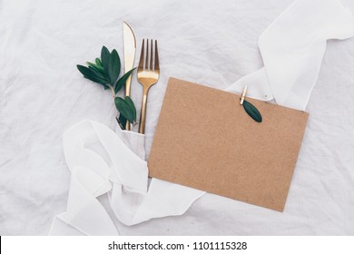 Kraft Invitation Card With Cutlery. Wedding Template Dinner Concept. Top View 