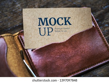 Kraft name card mockup in a leather wallet