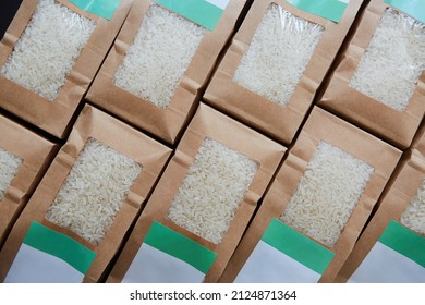 Kraft paper bags with cereals rice. Eco-friendly packaging for food. Bio food. - Shutterstock ID 2124871364