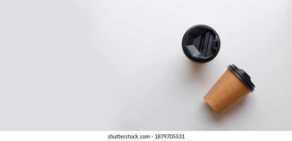 Kraft Paper Cup With Coffee And Tea Hot Drink Mockup Template On Grey Background. Coffee To Go. Flat Lay, Top View, Copy Space