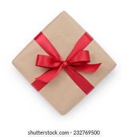 Kraft Paper Gift Box With Ribbon Bow From Above, White Background
