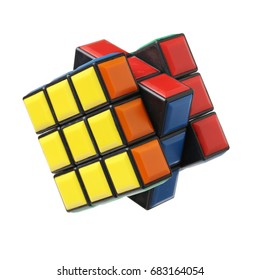 KRAGUJEVAC, SERBIA - DECEMBER 13, 2015: Rubik's 3x3x3 classic cube on a white background. Rubik's Cube invented by a Hungarian architect Erno Rubik in 1974.