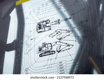 Krakow, Malopolska, Poland - February 2022: Modern Construction Site Equipment, Volvo Excavator Vehicle Schematics Plate Object Detail Extreme Closeup, Nobody Heavy Duty Industrial Vehicles, Equipment