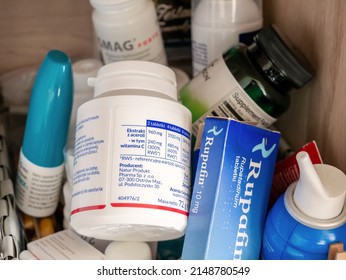 Krakow, Malopolska, Poland - May 2022: Drugs, Supplements And Medical Supplies Drawer Detail, Closeup. Multiple Drug Containers Object Group Up Close, Editorial Shot, Nobody. Medication Stash At Home