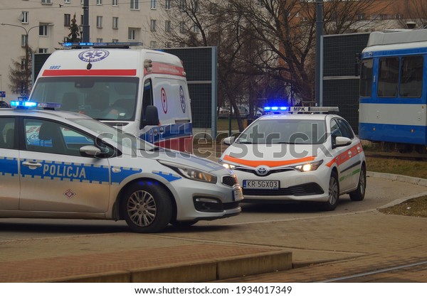 Krakow, Poland - 03.11.2021: Emergency services\
and police during the recovery of an accident in urban transport.\
The scene of the incident in Krakow - streetcar terminus Mały\
Płaszów.