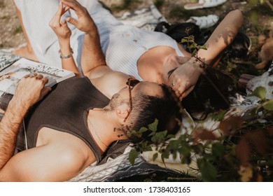 Krakow, Poland - 25 August 2019: Beautiful Nice Couple On Summer Weekends On The Nature With Beautiful Landscape