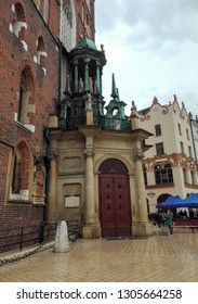 Krakow, Poland - 29.03.18: Fragment Of The Exterior Of St. Mary's Basilica - Our Lady Assumed Into Heaven - Brick Church, One Of The Best & Most Beautiful Examples Of Polish Gothic Architecture.