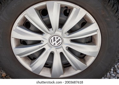 Krakow, Poland - April 16, 2021: Volkswagen Brand Logo On The Hubcap Wheel