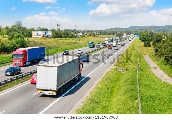 KRAKOW, POLAND - AUGUST\
08, 2018: The autostrada A4 (highway) in Poland near the Krakow\
city, Poland. 