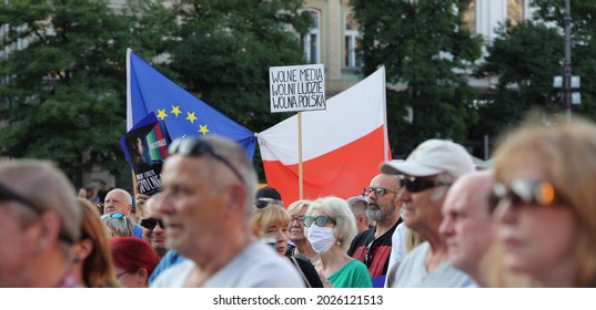 Krakow, Poland - August 10 2021: Demonstration To Support Free Media And Freedom Of Speech In Poland, Crowd Of People, Flags Of European Union And Poland, Banners