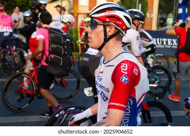 KRAKOW, POLAND - AUGUST 15, 2021: British Professional Road Bicycle Racer Jake Stewart From Groupama - FDJ Team, Resting After The 78. Tour De Pologne Cycling Stage Race, Finish Line In Kraków.