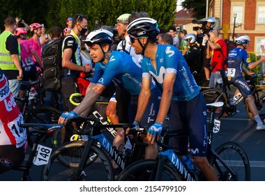 KRAKOW, POLAND - AUGUST 15, 2021: Professional Road Bicycle Racers From UCI WorldTeam Movistar Team At 78. Tour De Pologne Cycling Stage Race Finish Line In Kraków.