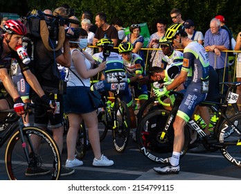 KRAKOW, POLAND - AUGUST 15, 2021: Professional Road Bicycle Racing Team Intermarché–Wanty–Gobert Matériaux At 78. Tour De Pologne Cycling Stage Race Finish Line In Kraków.