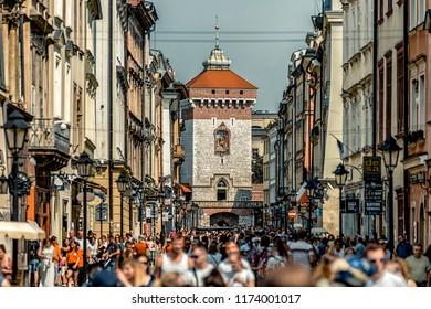 KRAKOW, POLAND - AUGUST 18: Overcrowded City And St. Florians Gate At Background On August, 18, 2018 In Krakow