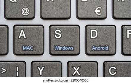 Krakow, Poland - August 2022: MAC, Windows And Android Operating Systems Concept, Computer Keyboard Top View, Nobody. Macintosh, Microsoft Windows, Android OS Integration, Software Development Concept