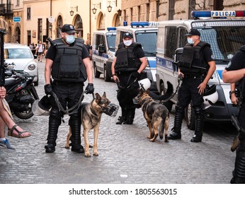 KRAKOW, POLAND - AUGUST 29, 2020: Polish police officers with K9 service dogs at Bracka Street, keeping order during Krakow Equality March at the Main Market Square.